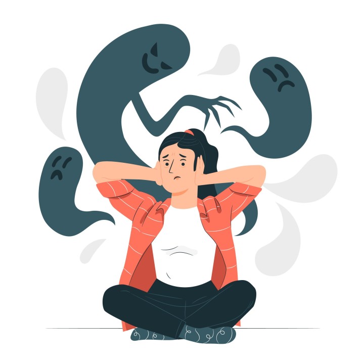 Persona rodeada de pensamientos negativos y sombras que representan el estigma